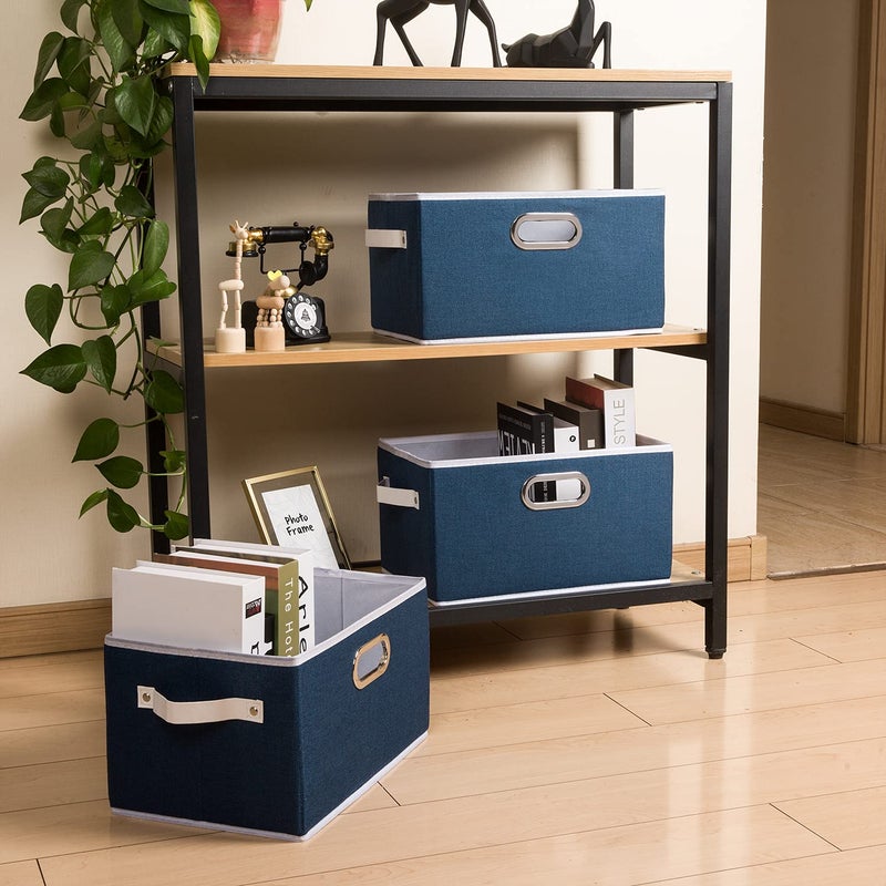 PRANDOM Fodable Storage Bins for Closet [3-pack] Decorative Fabric Storage Baskets Cubes with Leather/Metal Handles for Shelves Bedroom Living Room Royal Blue (11.5x8.5x6.7 Inch) - Image 3